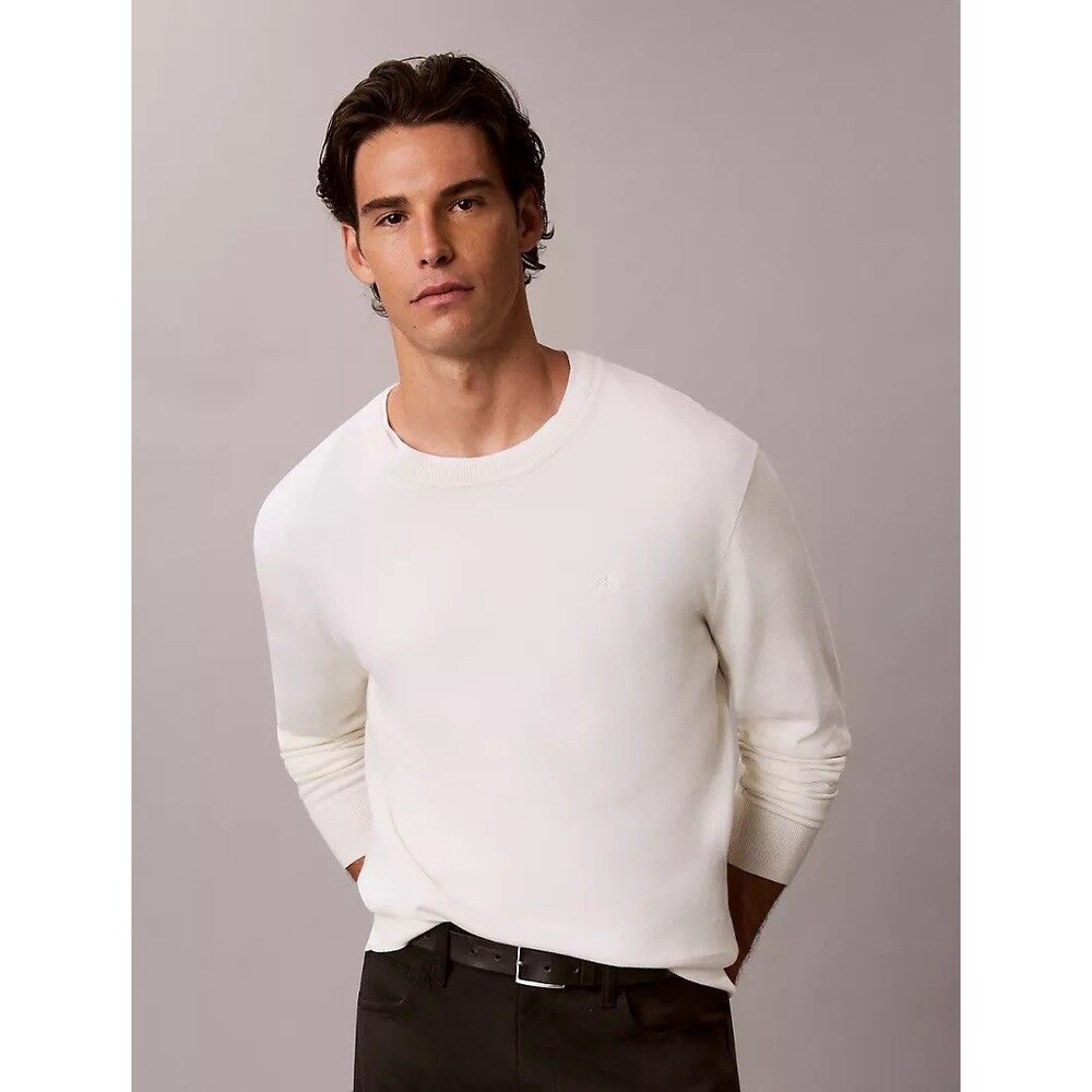 Calvin Klein Men's Ivory Cotton Knit Logo Crewneck Pullover Sweater Size L